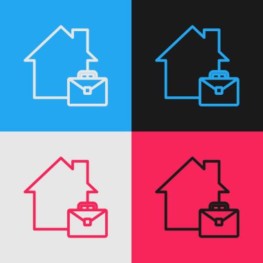 Pop Art Line Online çalışma simgesi renk arkaplanında izole edildi. Evinde dizüstü bilgisayarla çalışan serbest çalışan bir adam. Uzaktan kumanda. Mesafeli iş kavramı. Vektör.