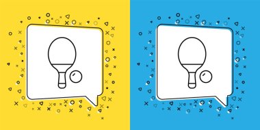 Masa tenisi ikonunu oynamak için raketi sarı ve mavi arkaplanda izole et. Vektör.