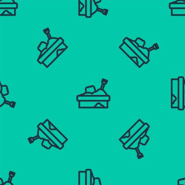 Kum simgesine sahip mavi çizgi Sandbox yeşil arka planda izole edilmiş pürüzsüz desen. Vektör.