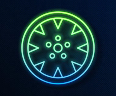 Mavi arka planda izole edilmiş bir araba simgesi için parlayan neon hat alloy tekerleği. Vektör.