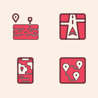 Rotayı, bozuk yolu, haritalı GPS cihazını ve şehir yön bulma simgesini ayarla. Vektör.