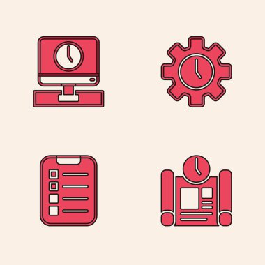 Proje zaman planını, İzleyiciyi, Zaman Yönetimini ve liste planlama simgesini ayarla. Vektör.