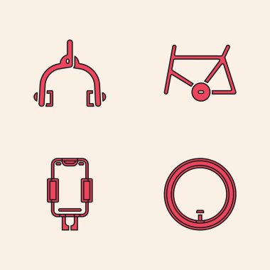 Bisiklet tekerleği, fren kalibreleri, çerçeve ve mobil tutucu simgesini ayarla. Vektör.