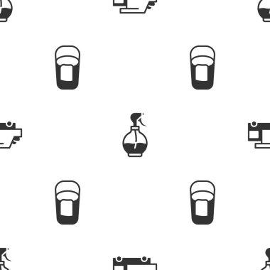 Çöp kamyonu, su püskürtme şişesi ve temiz desenli bir kova hazırla. Vektör.