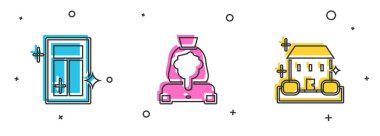 Pencere, kadın ve ev temizleme ikonu için temizlik servisi ayarlayın. Vektör.