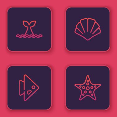 Balina kuyruğunu okyanus dalgası, balık, deniz kabuğu ve deniz yıldızı olarak ayarla. Mavi kare düğme. Vektör.