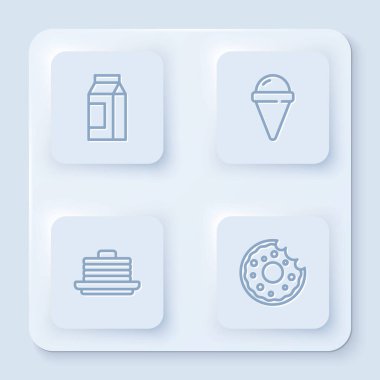 Süt için kağıt paketi, waffle külahında dondurma, gözleme ve çörek paketini hazırla. Beyaz kare düğme. Vektör.