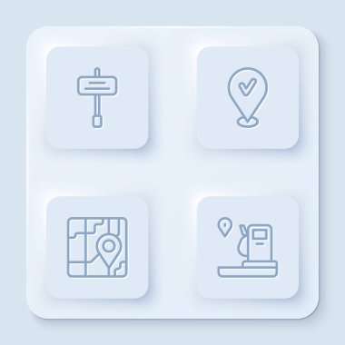 Yol trafik işaretini, işaretli yeri, şehir haritasını ve benzin istasyonunu ayarlayın. Beyaz kare düğme. Vektör.