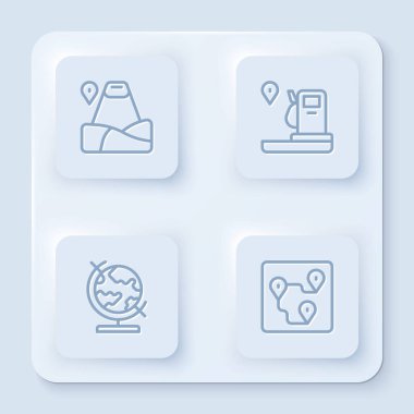 Hattı dağ, benzin istasyonu, Dünya küresi ve güzergahı ile belirleyin. Beyaz kare düğme. Vektör.