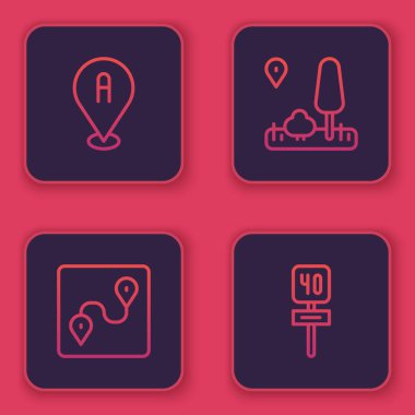 Hat konumu, güzergah konumu, şehir haritası navigasyonu ve trafik işareti ayarlayın. Mavi kare düğme. Vektör.