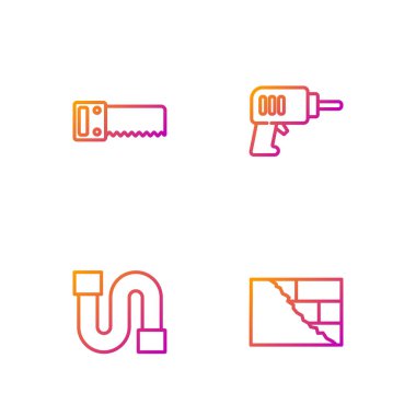 Hat tuğlaları, sanayi boruları, el testeresi ve elektrikli matkap. Renk simgeleri. Vektör.