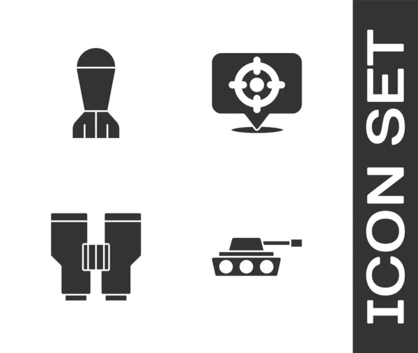 Set Military Tank Aviation Bomb Binoculars Target Sport Icon Vector — Stock Vector