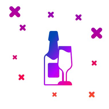 Renkli şampanya şişesi ve beyaz arka planda izole edilmiş şampanya ikonu. Mutlu Noeller ve mutlu yıllar. Kademeli rastgele dinamik şekiller. Vektör.