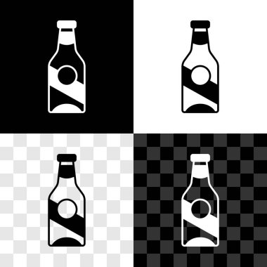 Bira şişesi simgesini siyah beyaz, şeffaf arkaplanda izole et. Vektör.