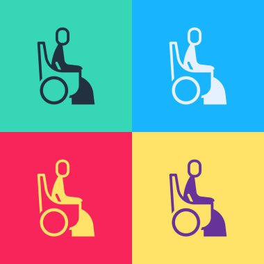 Tekerlekli sandalyedeki Pop Art Woman renkli arka planda izole edilmiş engelli kişi simgesi. Vektör.