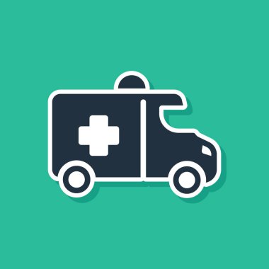 Mavi ambulans ve acil durum arabası ikonu yeşil arka planda izole edildi. Ambulans aracı tıbbi tahliye. Vektör.