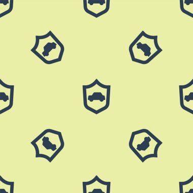 Kalkan ikonuna sahip mavi araba sarı arka planda izole edilmiş pürüzsüz desen. Sigorta konsepti. Güvenlik, güvenlik, koruma, konsept koruma. Vektör.