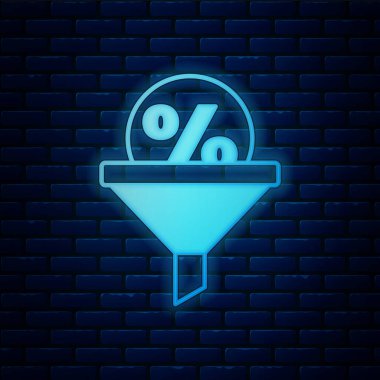 Parlayan neon kurşun yönetim simgesi tuğla duvar arka planında izole edildi. İndirimli huni. Hedef müşteri iş konsepti. Vektör.