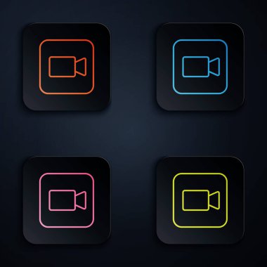 Renkli neon çizgi kamera simgesi siyah arkaplanda izole edildi. Video kamera. Film tabelası. Film projektörü. Kare düğmelere simgeleri yerleştir. Vektör.