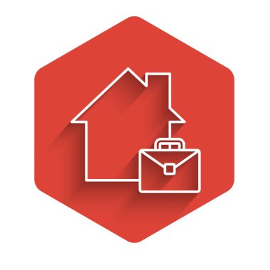 Çevrimiçi beyaz çizgi uzun gölgeli bir ikon üzerinde çalışıyor. Evinde dizüstü bilgisayarla çalışan serbest çalışan bir adam. Uzaktan kumanda. Mesafeli iş kavramı. Kırmızı altıgen düğmesi. Vektör.