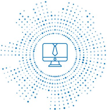 Mavi çizgi görüntülü sohbet konferansı simgesi beyaz arkaplanda izole edildi. Çevrimiçi iş görüşmesi formu. Uzak proje yönetimi. Soyut çember rastgele noktalar. Vektör.