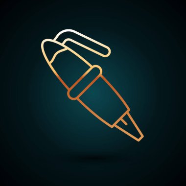 Altın çizgili dolmakalem ucu simgesi koyu mavi arkaplanda izole edilmiş. Kalem aleti işareti. Vektör.