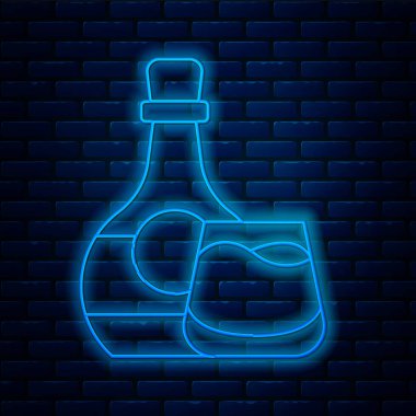 Parlayan neon hattı viski şişesi ve tuğla duvar arkasında izole edilmiş cam ikon. Vektör.