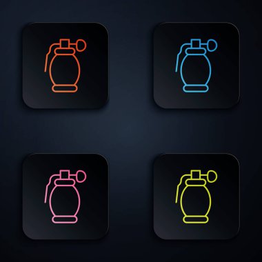 Renkli neon çizgili el bombası ikonu siyah arkaplanda izole edildi. Bomba patlaması. Kare düğmelere simgeleri yerleştir. Vektör.
