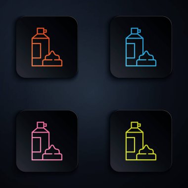 Siyah arkaplanda izole edilmiş bir sprey kutusundaki renkli neon krem. Tatlı süt ürünü. Süt ürünü ve tatlı sembol. Kare düğmelere simgeleri yerleştir. Vektör.