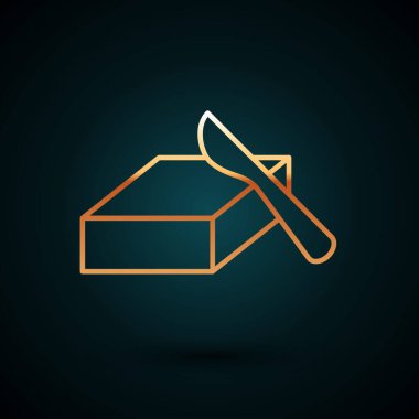 Koyu mavi arkaplanda izole edilmiş tereyağlı tereyağı. Tereyağlı tuğla tabakta. Süt bazlı ürün. Doğal süt ürünü. Vektör.