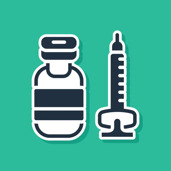 Blue Medical Syringe Needle Icon Isolated Green Background Vaccination Injection — Stock Vector