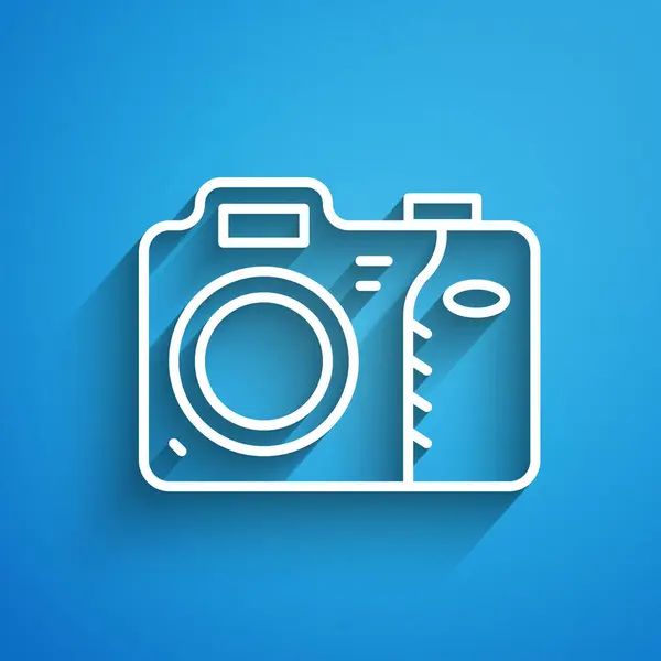 Biała Linia Ikona Aparatu Fotograficznego Odizolowana Niebieskim Tle Ikona Kamery — Wektor stockowy