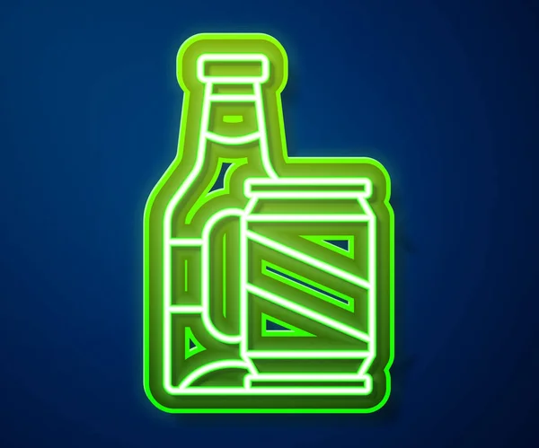 发亮的霓虹灯线啤酒瓶和啤酒可以图标隔离蓝色背景 — 图库矢量图片