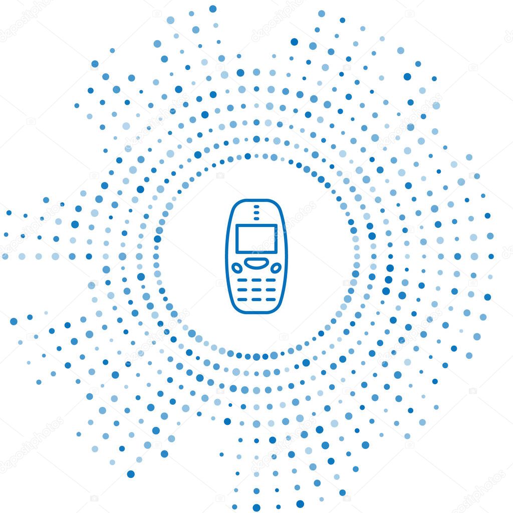 Blue line Old vintage keypad mobile phone icon isolated on white background. Retro cellphone device. Vintage 90s mobile phone. Abstract circle random dots. Vector.