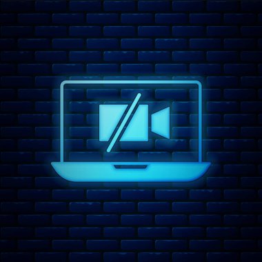 Laptop ekranında parlayan neon kamera, tuğla duvar arka planında izole edilmiş. Video yok. Vektör.