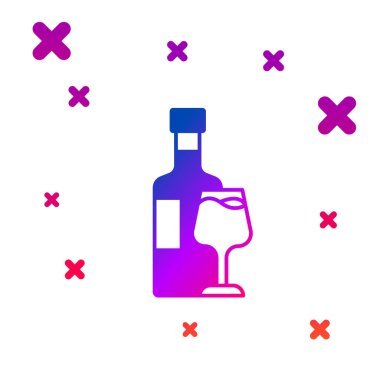 Beyaz arka planda izole edilmiş cam ikonlu renkli şarap şişesi. Kademeli rastgele dinamik şekiller. Vektör.