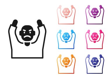 Siyah Hırsız beyaz arka planda izole edilmiş bir şekilde ellerini havaya kaldırıyor. İki eli havada teslim olan bir adam. Simgeleri renklendirin. Vektör.