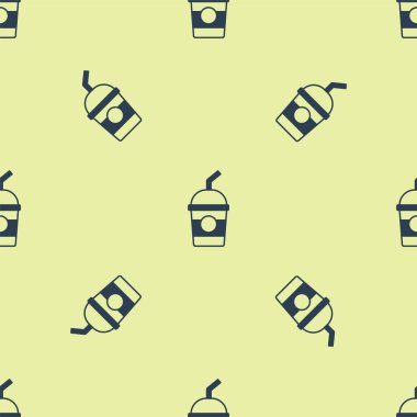 Mavi milkshake ikonu sarı arkaplanda izole edilmiş pürüzsüz desen. Kapaklı ve samanlı plastik bardak. Vektör.