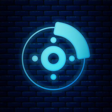 Tuğla duvarda izole edilmiş kalibre simgesi olan parlak neon araba fren diski. Vektör.