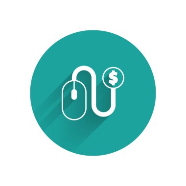 Beyaz reklam simgesi uzun gölgeli izole edilmiş. Pazarlama ve tanıtım süreci kavramı. İlgili reklamlar. Sosyal medya reklamcılığı. Yeşil daire düğmesi. Vektör.