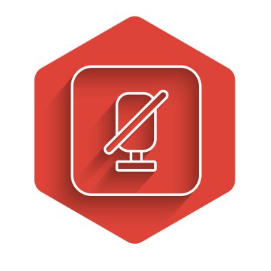 Beyaz çizgi dilsiz mikrofon ikonu uzun gölgeli izole edilmiş. Mikrofon sesi kapatıldı. Kırmızı altıgen düğmesi. Vektör.