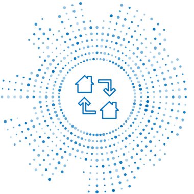 Mavi Hat Çevrimiçi çalışan simge beyaz arkaplanda izole edildi. Evinde dizüstü bilgisayarla çalışan serbest çalışan bir adam. Uzaktan kumanda. Mesafeli iş kavramı. Soyut çember rastgele noktalar. Vektör.