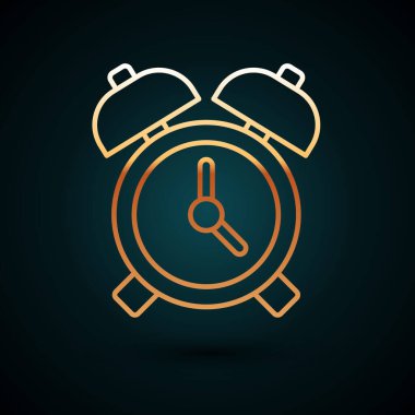 Altın çizgili alarm saat simgesi koyu mavi arkaplanda izole edildi. Uyan, kalk konsepti. Zaman işareti. Vektör.