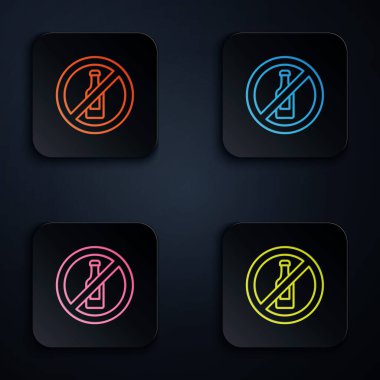 Renkli neon hat. Siyah arkaplanda alkol ikonu yok. Alkol içmeyi yasaklıyorum. Bira şişesi camlı yasak sembol. Kare düğmelere simgeleri yerleştir. Vektör.