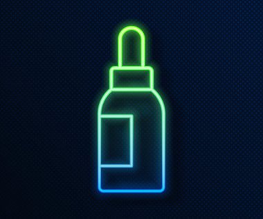 Parlayan neon çizgisi. Mavi arka planda özel yağ şişesi simgesi var. Organik aromaterapi özü. Cilt bakımı serumu cam bırakma paketi. Vektör.