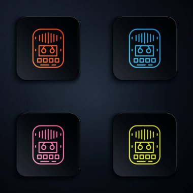 Renkli neon hattı Kaset çalar simgesi siyah arkaplanda izole edildi. Klasik ses kaydedici. Kare düğmelere simgeleri yerleştir. Vektör.