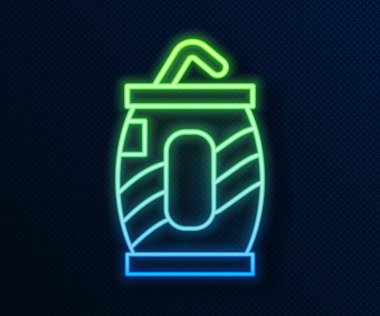 Mavi arka planda izole edilmiş saman simgesi içen parlak neon hattı Soda kutusu. Vektör.