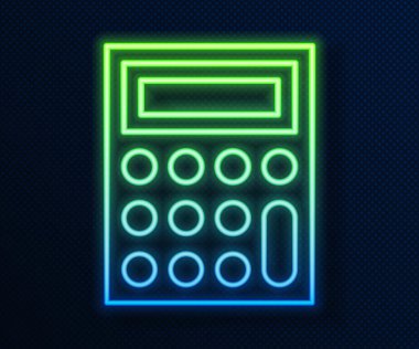 Parlayan neon hattı hesap makinesi simgesi mavi arkaplanda izole edildi. Muhasebe sembolü. İş hesaplamaları matematik eğitimi ve finans. Vektör.