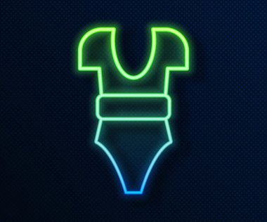 Parlayan neon çizgisi mayo ikonu mavi arkaplanda izole edildi. Vektör.