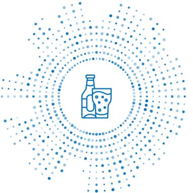 Mavi çizgili bira şişesi ve beyaz arka planda izole edilmiş cam ikon. Alkol içeceği sembolü. Soyut çember rastgele noktalar. Vektör.